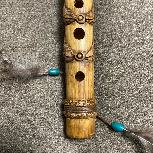Vintage Hand Carved Wooden Flute with Leather Ties Feathers & Turquoise Beads - Picture 9 of 16